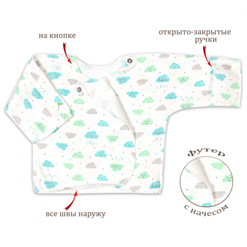 Распашонка о/з рук. на кнопках облака/бирюза