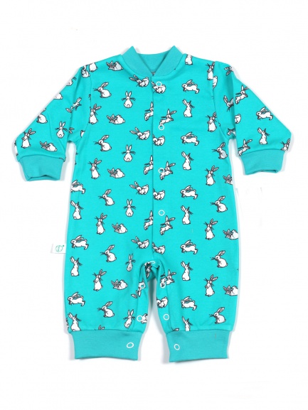 Комбинезон интерлок зайчата/бирюза