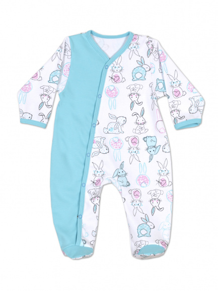Комбинезон интерлок зайчики/бирюза