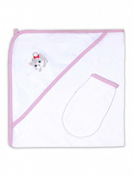 Пелёнка купальная с рукавичкой Т1 кошка/бантик