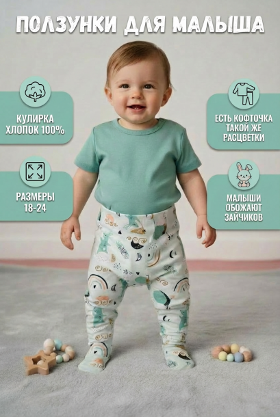 Ползунки детские на резинке мятное/счастье