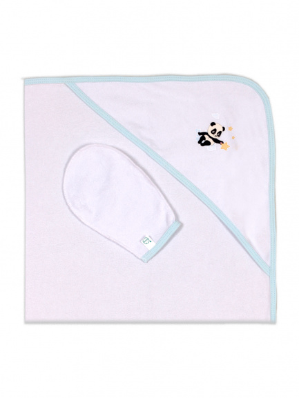 Пелёнка купальная с рукавичкой панда/бирюза