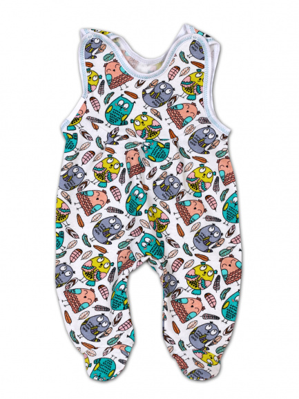 Ползунки длинные детские на кнопках совы/лазурный на белом